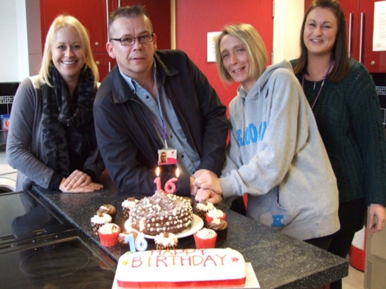 Pippa Lain-Smith, Wayne Miles (centre), Sharon Reynolds and Jade Brophy celebrate the 16th birthday at Winston Court